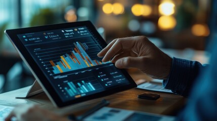 Close-up hand analyzing bar graphs on a tablet screen.