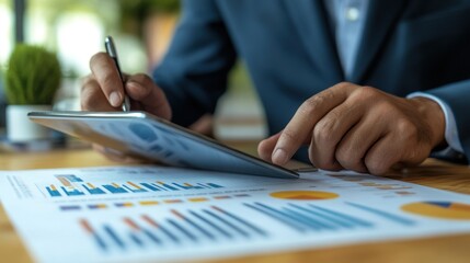 Professional reviewing printed graphs beside a tablet.