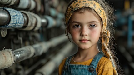 A child laborer working in a textile factory, highlighting the social impact and harsh realities of the Industrial Revolution.