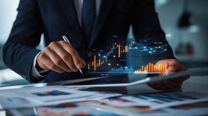 Businessman analyzing virtual financial data on tablet.