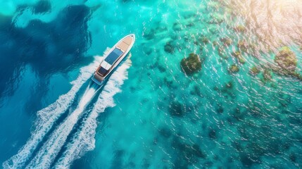 Aerial View of a Speedboat Gliding Over Clear Blue Water and Vibrant Coral Reef