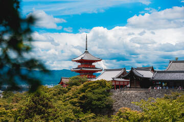 Majestic Japanese Pagoda at Kiyomizu-dera Temple with Scenic Mountain View