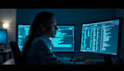 A dedicated female programmer intently examining complex data on dual monitors in a dimly lit office, showcasing the modern tech environment.