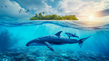 A mother whale and her calf swim gracefully beneath crystal-clear waters near a tropical island at sunrise, showcasing peaceful marine life and vibrant scenery.