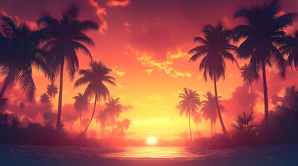 A serene sunset over a beach with palm trees silhouetted against vibrant colors.