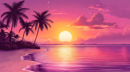 A serene sunset over a tranquil beach with palm trees and vibrant colors reflecting on water.