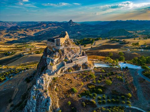 Aerial view of the Castle of Mussomeli in Sicily, Italy.