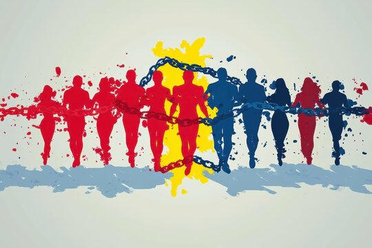 Stylized human figures with chains around them abstractly breaking free symbolizing the fight against trafficking.