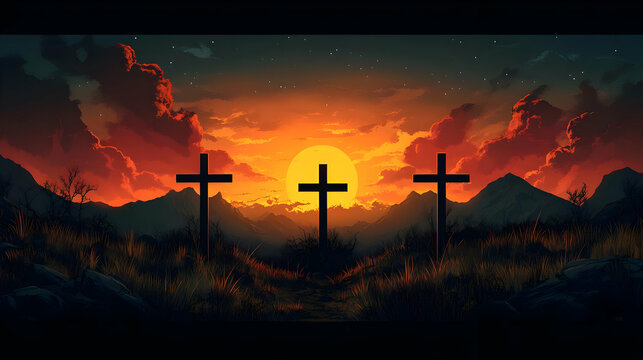 A serene sunset scene featuring three crosses against a mountainous backdrop.