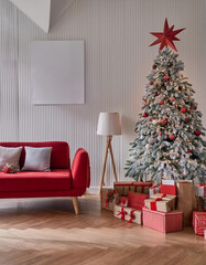 Christmas-tree decoration, gifts and ornament in a living room with modern furniture, red sofa, wooden floor and cozy atmosphere