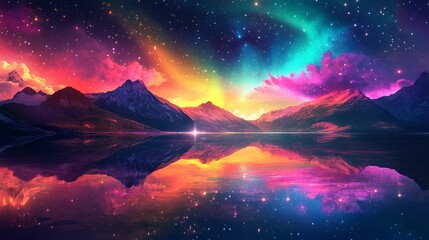 Beautiful starry sky, aurora borealis, colorful reflection of the lake in front of you