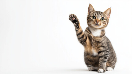 Obraz premium Playful tabby cat raising paw on white background