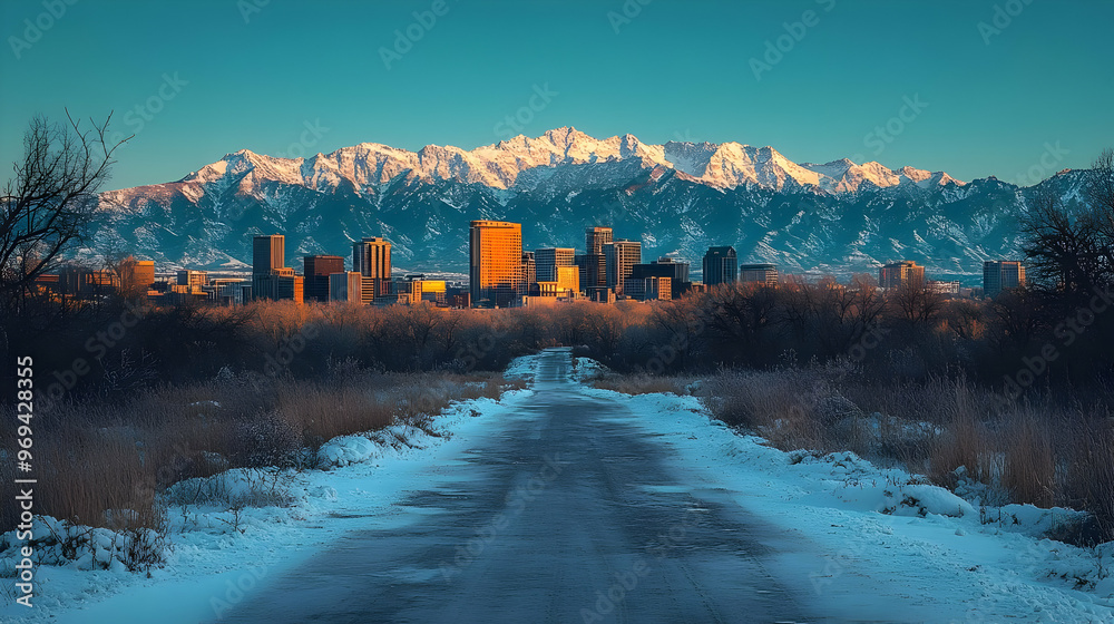 Wall mural A serene winter landscape featuring a city skyline against snow-capped mountains.