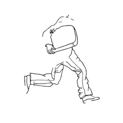 Silhouette d'un homme qui court avec un sac sous le bras, esquisse minimaliste, dessin à la main noir et blanc