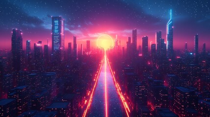 Fototapeta premium Vector design of a futuristic cityscape at night with sleek angular buildings and neon lights illuminating the skyline creating a dynamic and vibrant urban scene