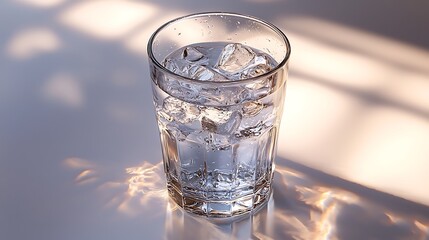 A glass of water with ice cubes glows in sunlight, pure and rejuvenating.