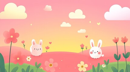 Cute cartoon background, pink sky with clouds and flowers on the ground