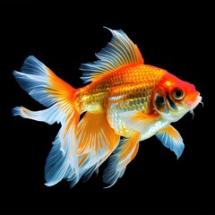 Fototapeta premium A vibrant goldfish with flowing fins swimming against a black background.