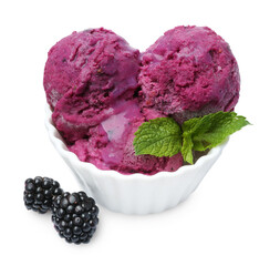 Delicious blackberry sorbet, mint and fresh berries isolated on white
