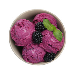 Delicious blackberry sorbet, mint and fresh berries isolated on white, top view