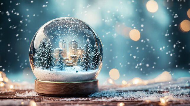 A snow globe with a city in it sits on a wooden table