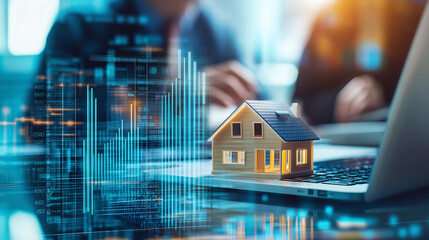Close-up of a real estate business concept with a rising graph and a blue house model on a digital table.