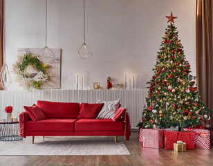 Christmas-tree decoration, gifts and ornament in a living room with modern furniture, red sofa, wooden floor and cozy atmosphere