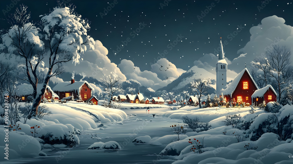 Poster a serene winter landscape featuring snow-covered houses and a peaceful river under a starlit sky.