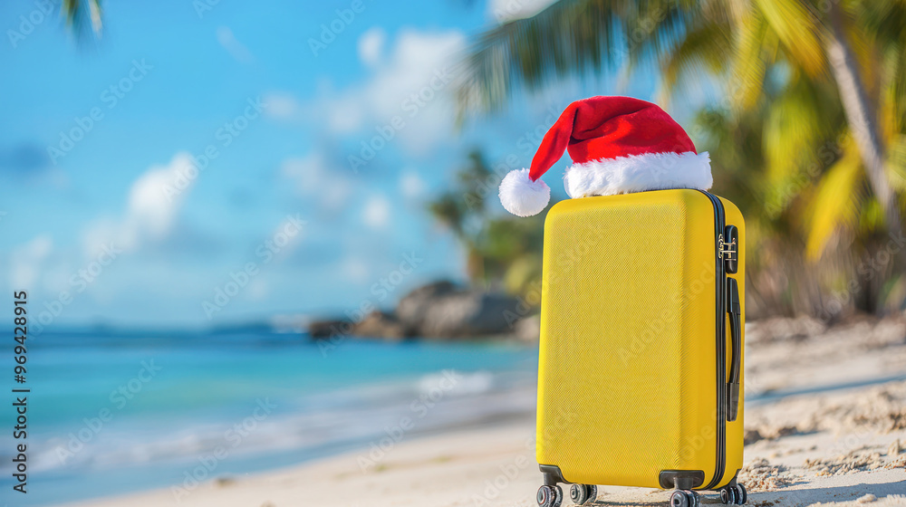 Wall mural A yellow suitcase with a Santa hat on top standing on a tropical beach with palm trees in the background, holiday travel concept.