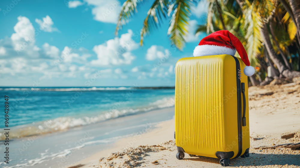 Wall mural A yellow suitcase with a Santa hat on top standing on a tropical beach with palm trees in the background, holiday travel concept.