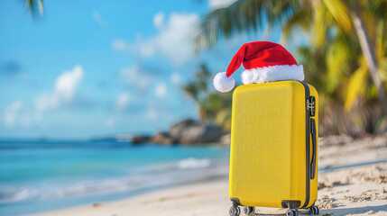 A yellow suitcase with a Santa hat on top standing on a tropical beach with palm trees in the background, holiday travel concept.