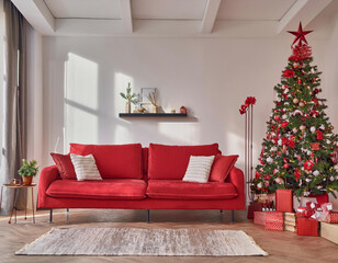 Christmas-tree decoration, gifts and ornament in a living room with modern furniture, red sofa, wooden floor and cozy atmosphere