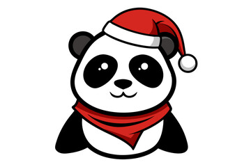 Panda wearing Santa hat and scarf cartoon vector line art illustration