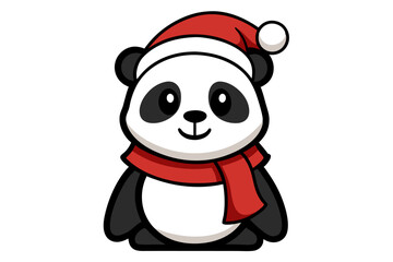 Panda wearing Santa hat and scarf cartoon vector line art illustration