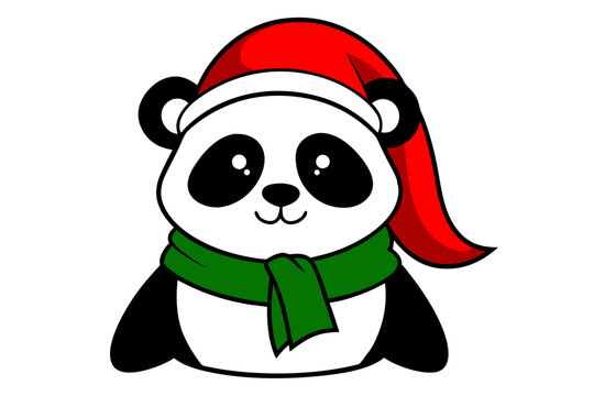 recommend clip art: panda wearing Santa hat and scarf cartoon vector line art illustration