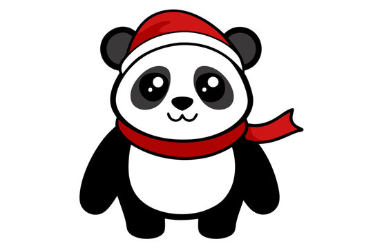 recommend clip art: Panda wearing Santa hat and scarf cartoon vector line art illustration