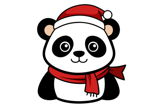 recommend clip art: Panda wearing Santa hat and scarf cartoon vector line art illustration