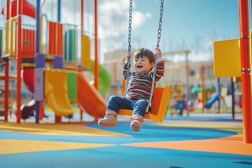 A young child is swinging on a swing in a playground.
