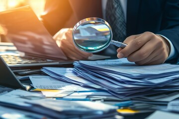 A professional in business attire examining financial reports with a magnifying glass, surrounded by stacks of documents and a laptop.