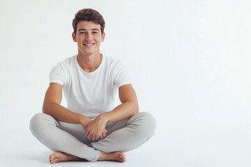 A young man is sitting on the floor with his hands on his knees. He is smiling and he is relaxed.