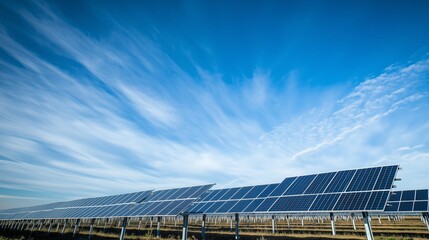 A row of solar panels are lined up in a field, with the sky above them. The panels are angled towards the sun, harnessing its energy to power homes and businesses.