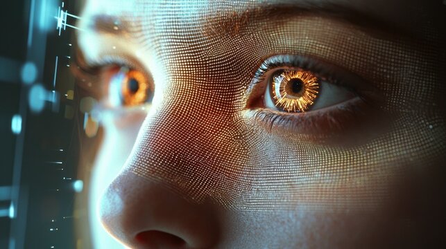 Human face with AI tech grid pattern reflecting in eyes
