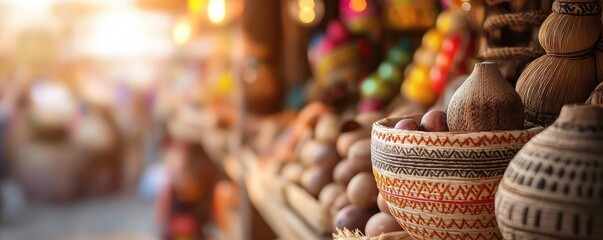 Handcrafted pottery displayed in a vibrant market, showcasing unique designs and colors in warm, natural light.