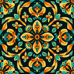 Seamless floral wallpaper pattern with intricate gold leaf ornament ,vintage tile design ,Generated By Ai