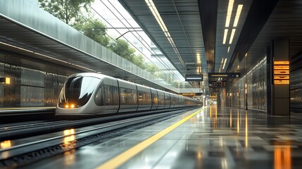 Obraz premium Modern Train Arriving at a Subway Station Platform with a Yellow Line, Interior Design, Public Transportation, Modern City, Travel, Minimalist Design.