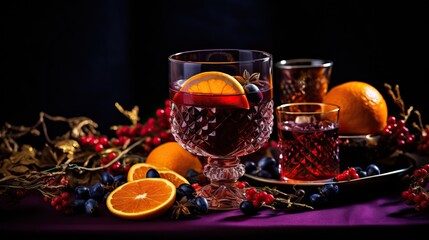 Mulled wine and winter citrus fruit on dark background. Cozy seasonal holiday drink concept.