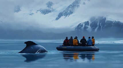 A group of tourists on a whale-watching tour, guided by marine conservationists