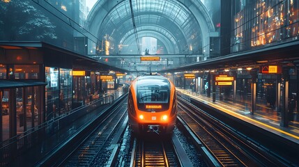 Obraz premium Modern Train Arriving at a City Railway Station With Glass Roof and Wet Platform in Evening - Transportation, Railway, Travel, Europe.