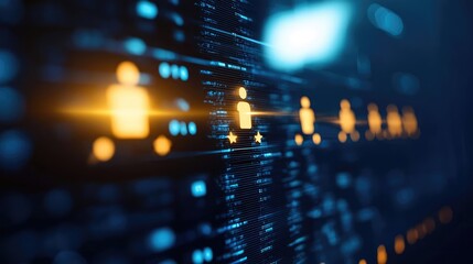 A high-tech digital interface showcasing user icons, data flow, and vibrant lights, symbolizing online connectivity and technology.