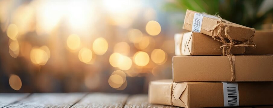 A stack of brown packages tied with string, set against a blurred background, ideal for e-commerce and delivery themes.